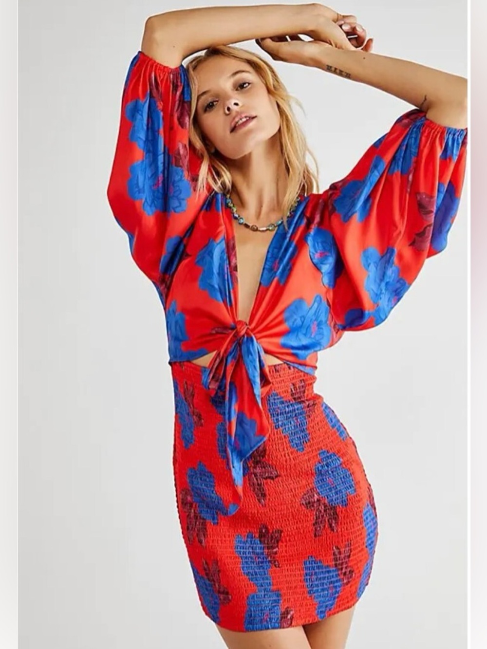 Free People Cassie Mini Dress red and blue floral print size small boho beach